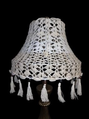 Handmade White Crochet Lampshade with Tassels and Shell Accent